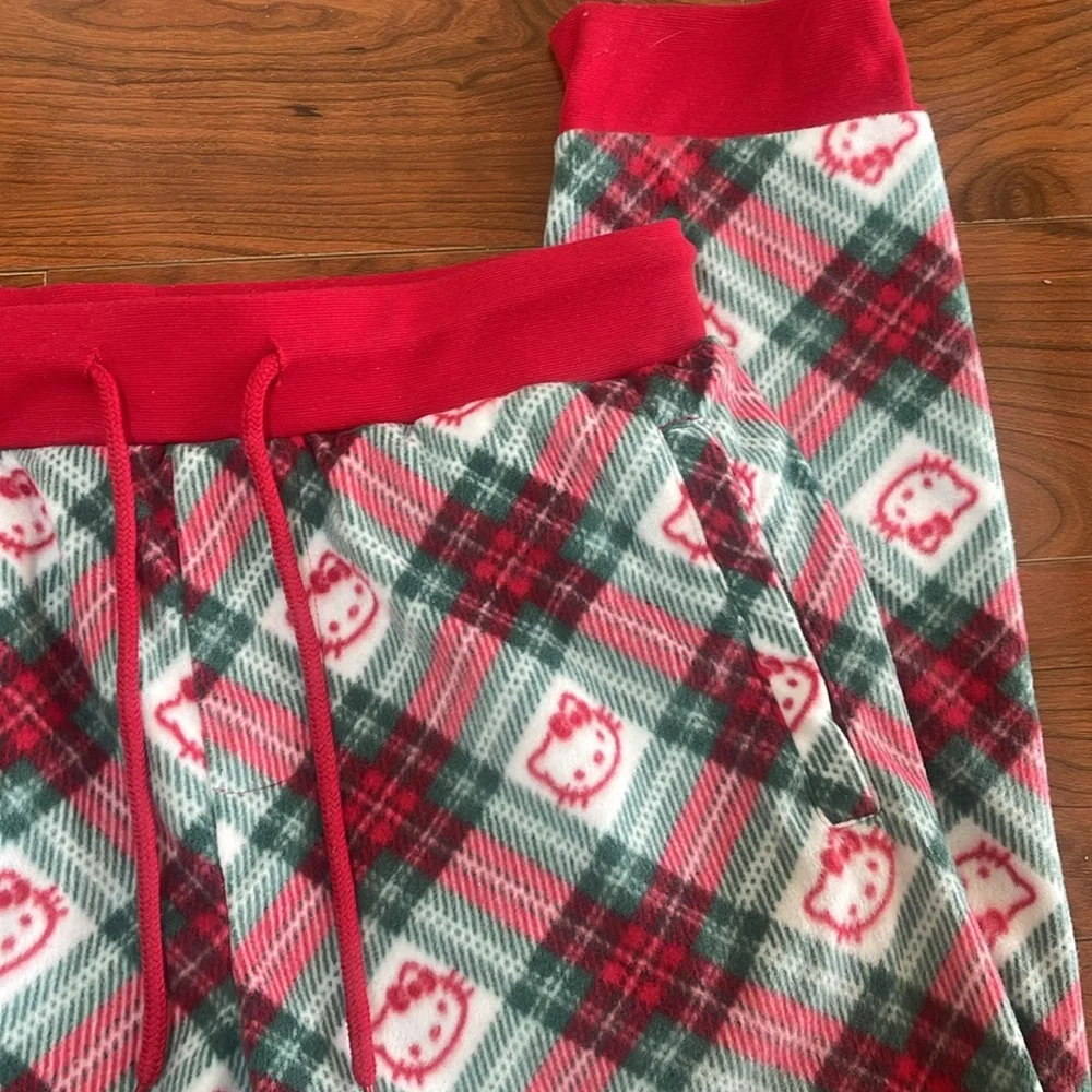 Aeropostale Hello Kitty Red and Green Plaid Fleece Joggers Pajama Pants